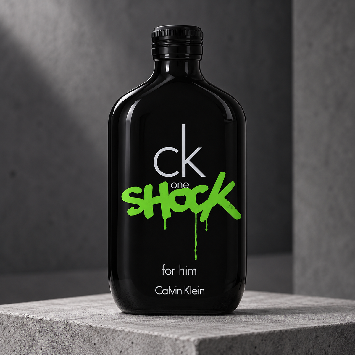 Calvin Klein CK One Shock For Him perfume on dark concrete
