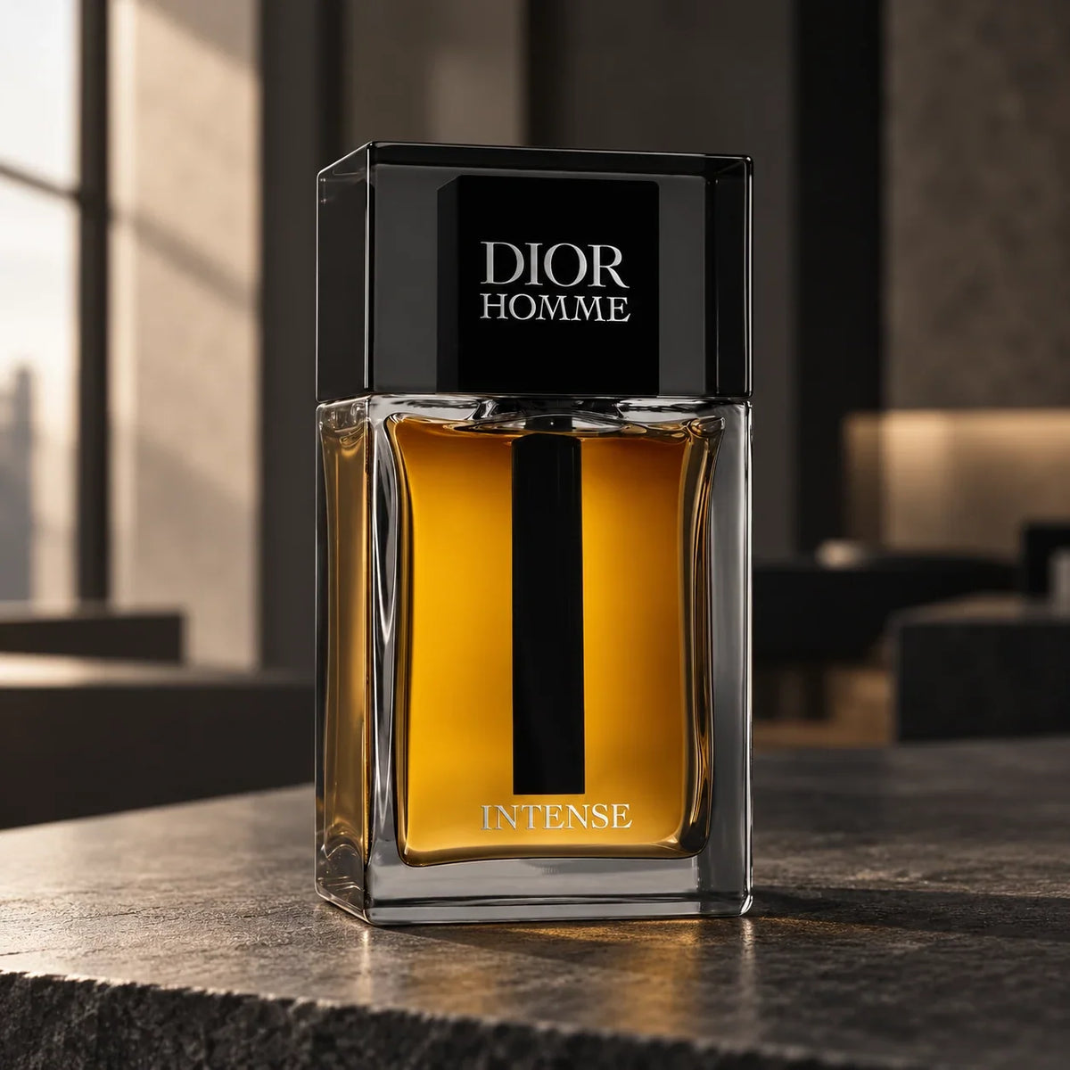 Dior Homme Intense perfume on elegant warm stone