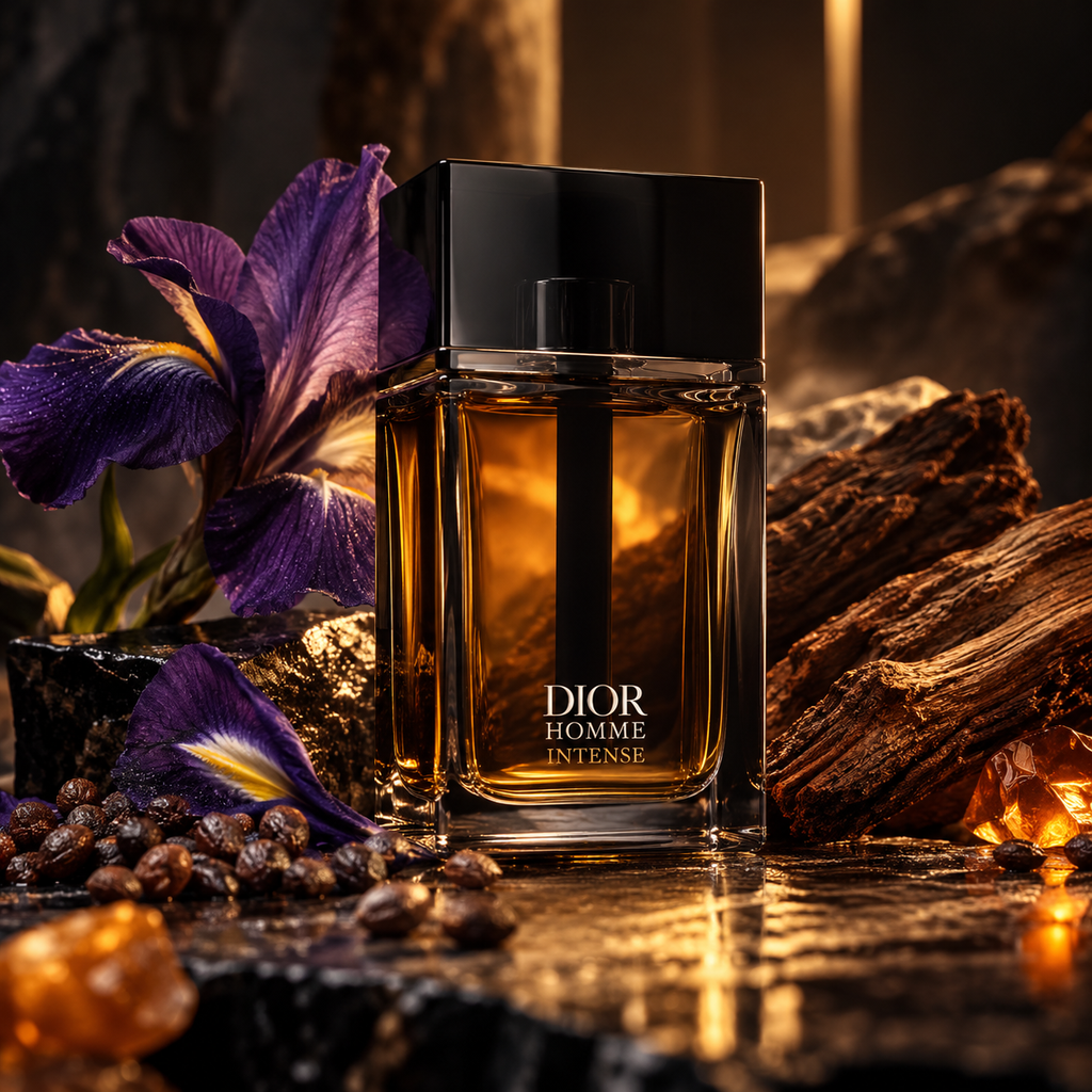 Dior Homme Intense cinematic fragrance poster with iris cedar and amber