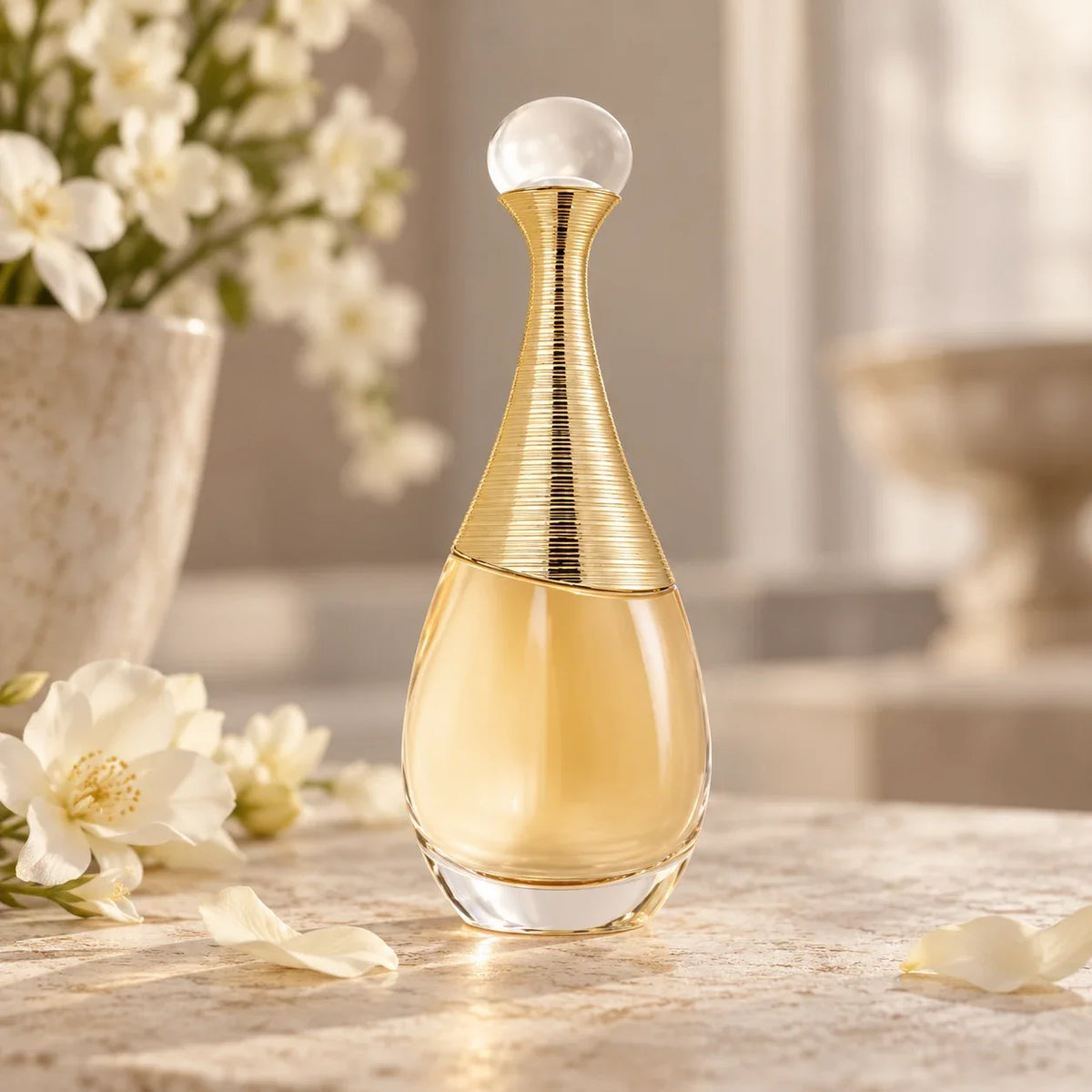 Dior J'adore Eau de Parfum perfume among cream flowers