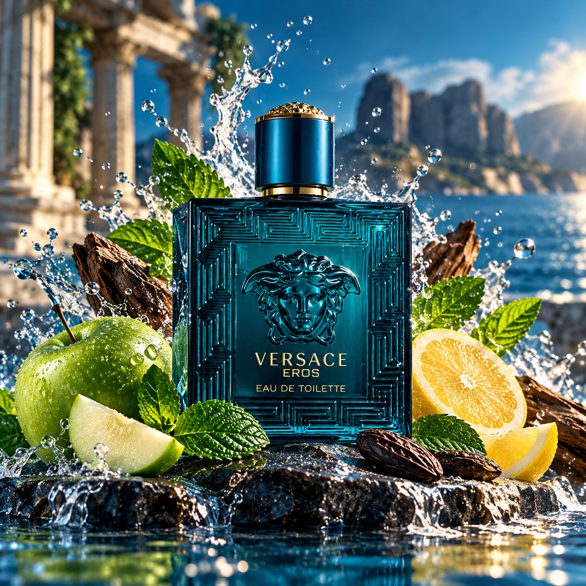 Versace Eros EDT fragrance poster featuring lemon green apple and mint
