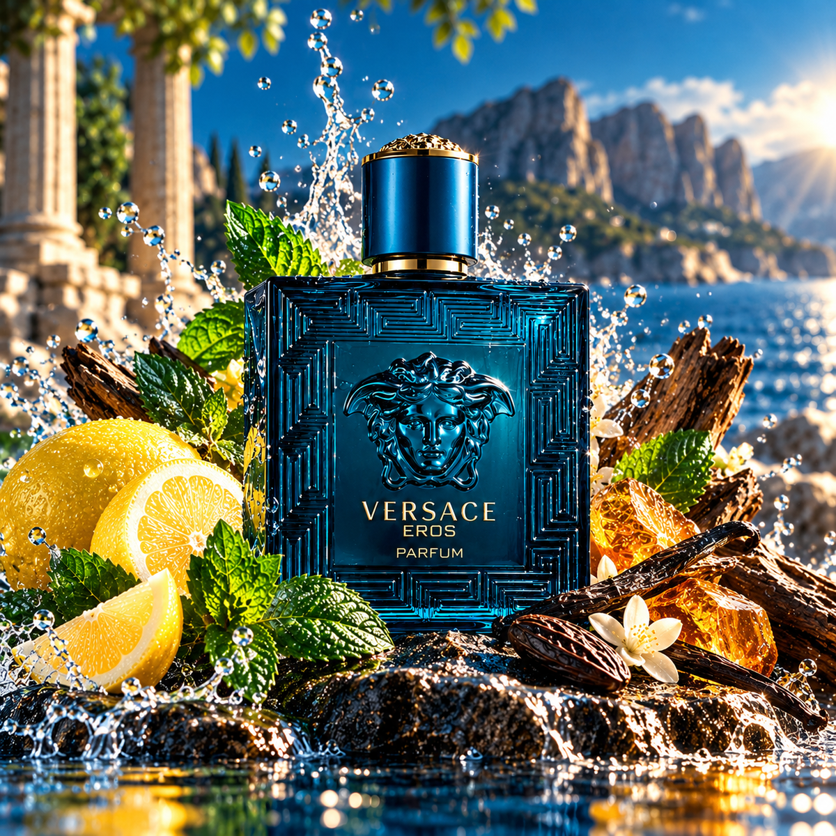 Versace Eros Parfum cinematic fragrance poster